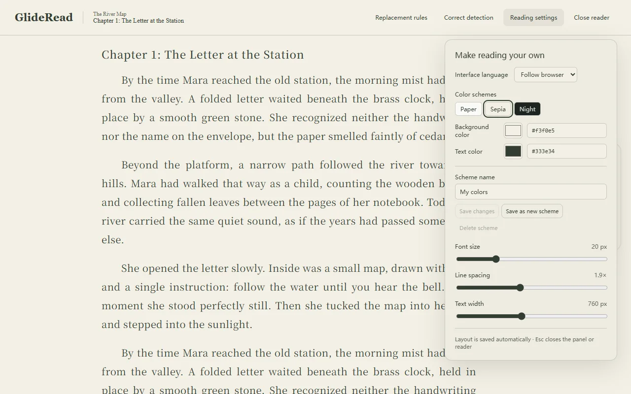 GlideRead reading settings with adjustable colors, font size, line spacing, and text width