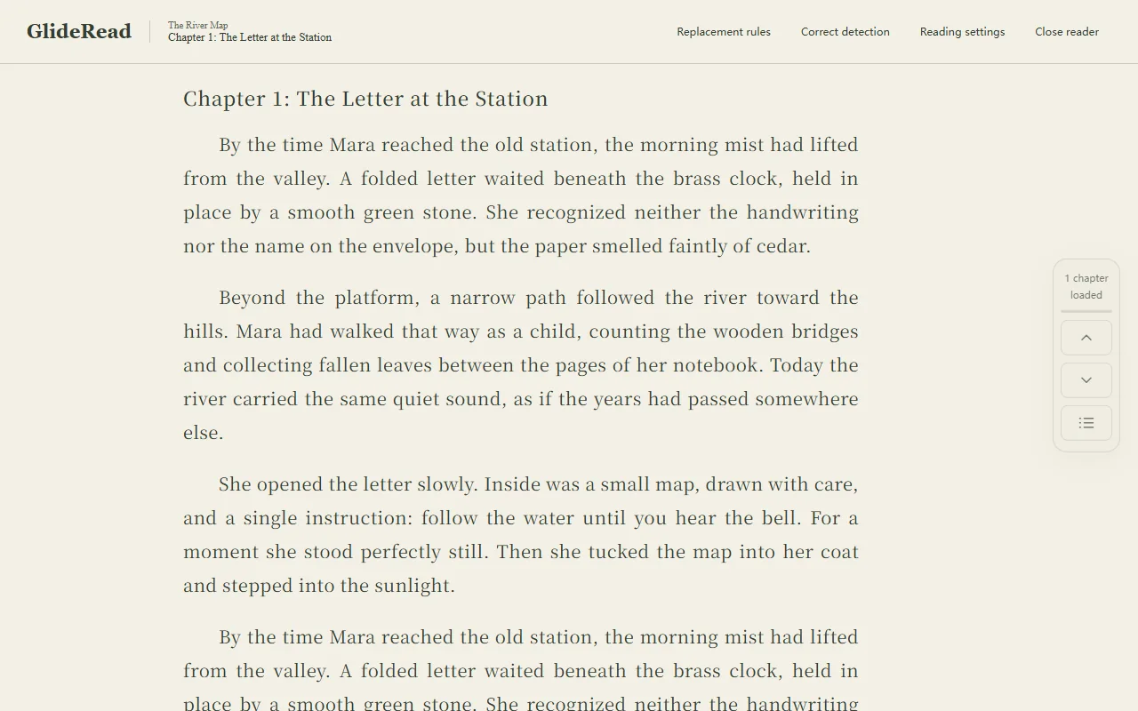 The GlideRead reading view, showing the next-chapter controls and a clean English chapter layout