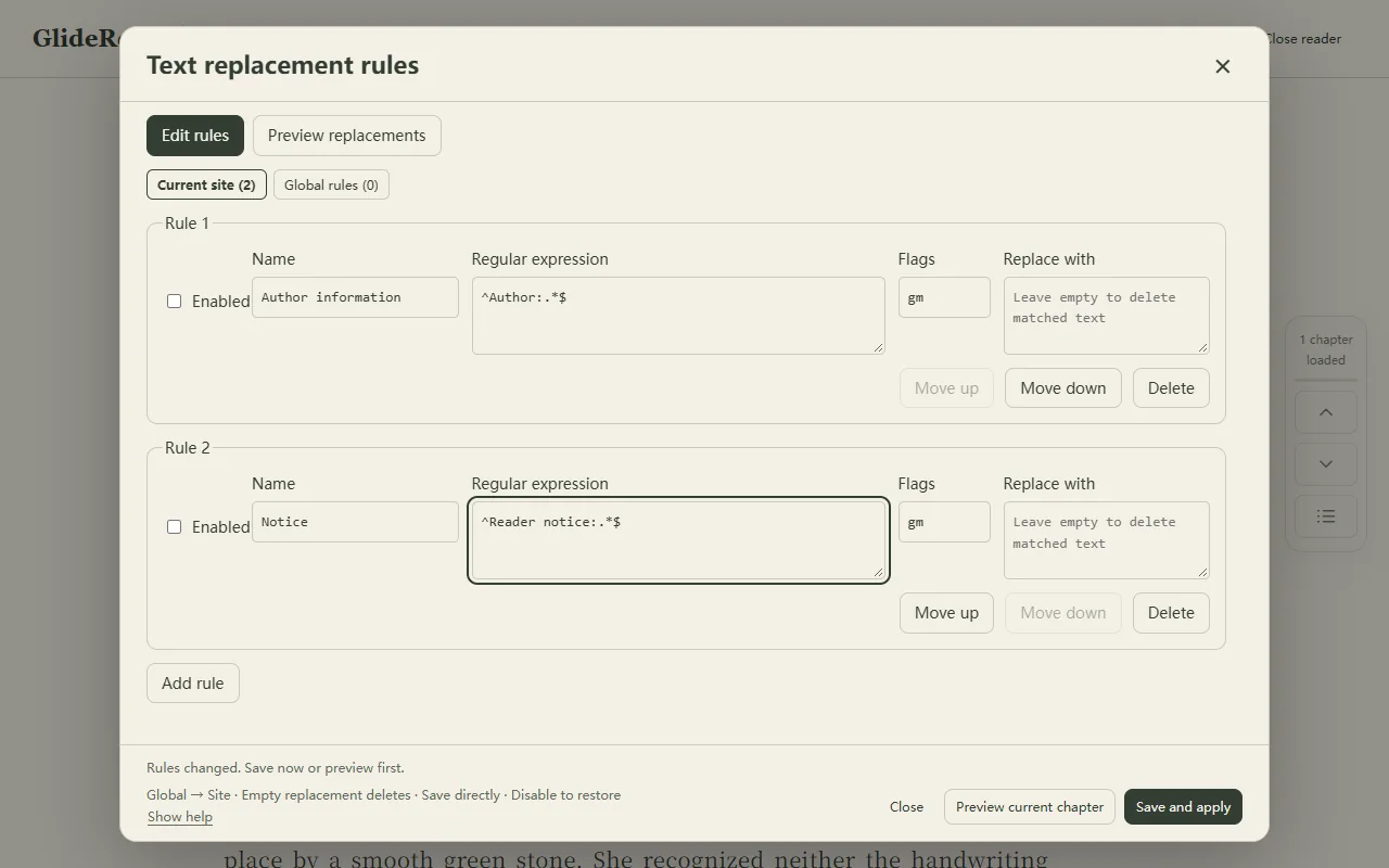 GlideRead text replacement editor with preview controls and site-specific rules